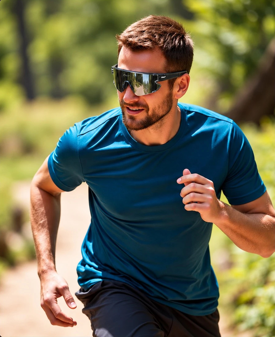 Homem correndo ao ar livre, de camiseta azul e óculos NKF Sports